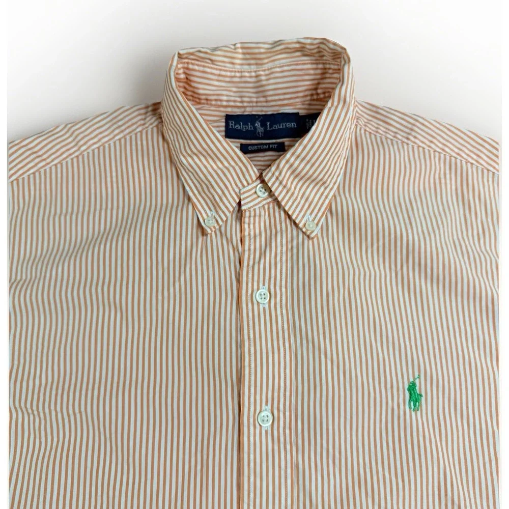 Ralph Lauren Custom Fit Mens Large Short Sleeve Striped Button Down Shirt Orange